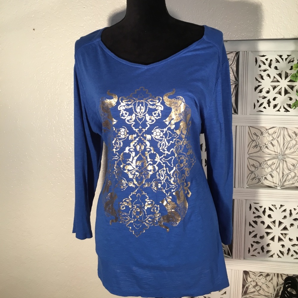 Crown & Ivy Blue w/ Gold Elephant Print Top
